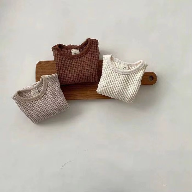 2024 New Autumn Cotton Baby Long Sleeve T Shirts Kids Waffle Shirts Solid Boys Bottoming Infant Girl Tops Toddler Clothes 0-24M