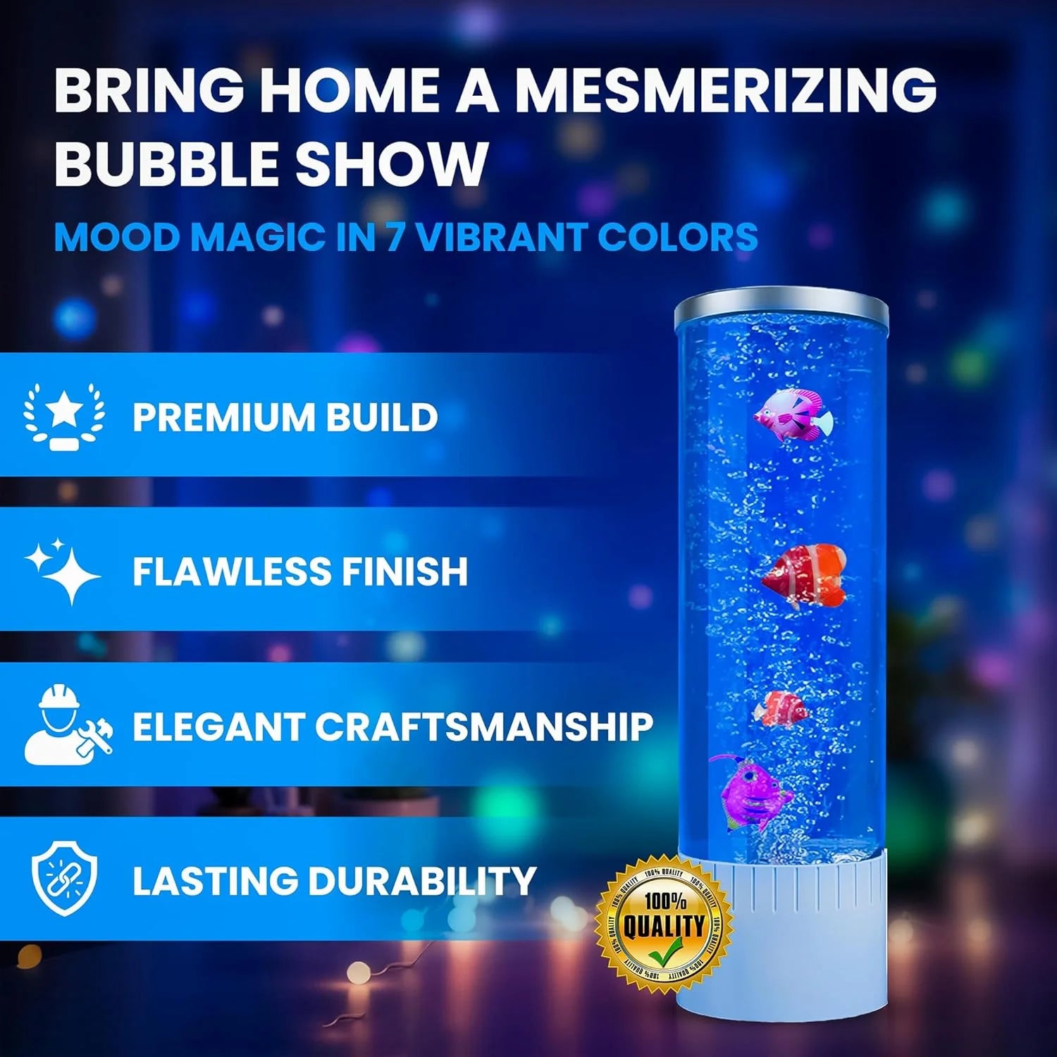 Bubble Lamp | 7 Color Changing LED Lamps | Fake Aquarium Night Light | Artificial Fish Tank with Moving Fishes | Home Decor, Ideal Gift for Kids, Adults, Sensory Lights for Autism & ADHD